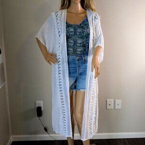 Wrangler Retro Duster Women's Size Large White Long Crochet Lace Short Sleeve